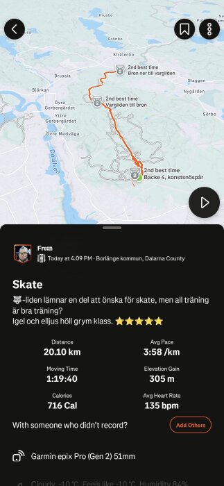 Karta över en motionsrunda i Borlänge, med statistik som 20,10 km distans, 3:58/km tempo, och 716 kalorier förbrända.