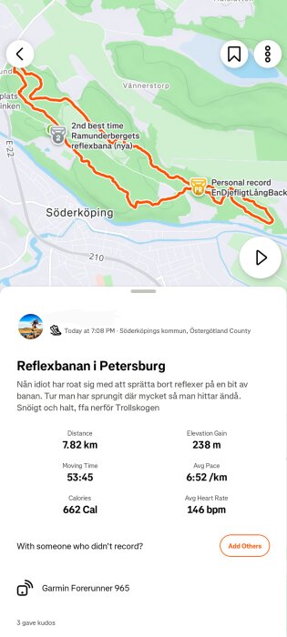 Karta visar en löprunda på Ramunderbergets reflexbana i Söderköping; distans 7,82 km, höjdförändring 238 m, tid 53:45, medelpuls 146 bpm.