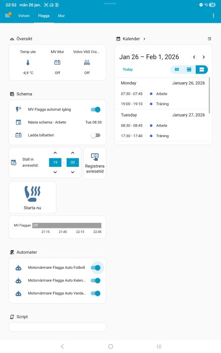 Dashboard för motorvärmare med temperatur, schema och automatisering för olika aktiviteter, inklusive kalendervy och mediakontroller.