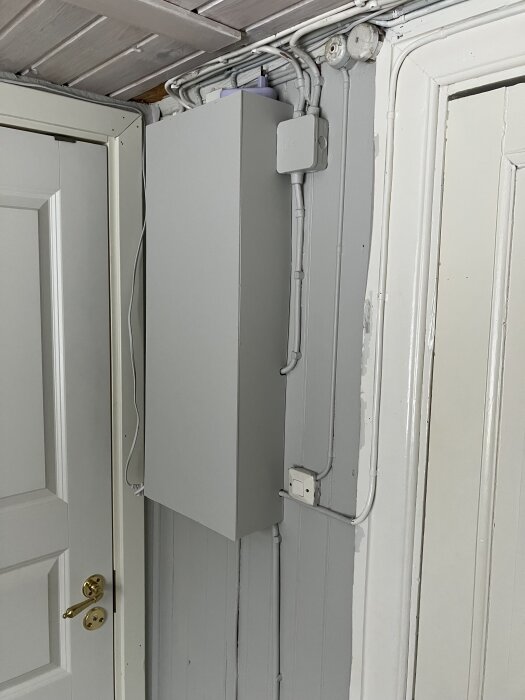 En monterad låda av tunna träskivor och en aluminiumbit gömmer proppskåpet i ett hörn med synliga rör och sladdar.