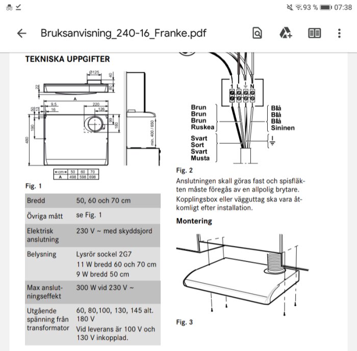 Bruksanvisning för spisfläktsinstallation, med tekniska specifikationer, anslutningsschema och monteringsanvisningar.
