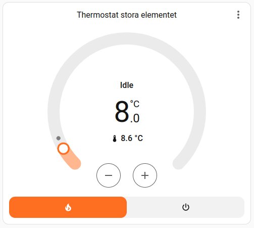 Termostatdisplay som visar 8°C med en justeringsradial. Temperatur läses av som "Idle" med alternativ för att öka eller minska temperaturen.