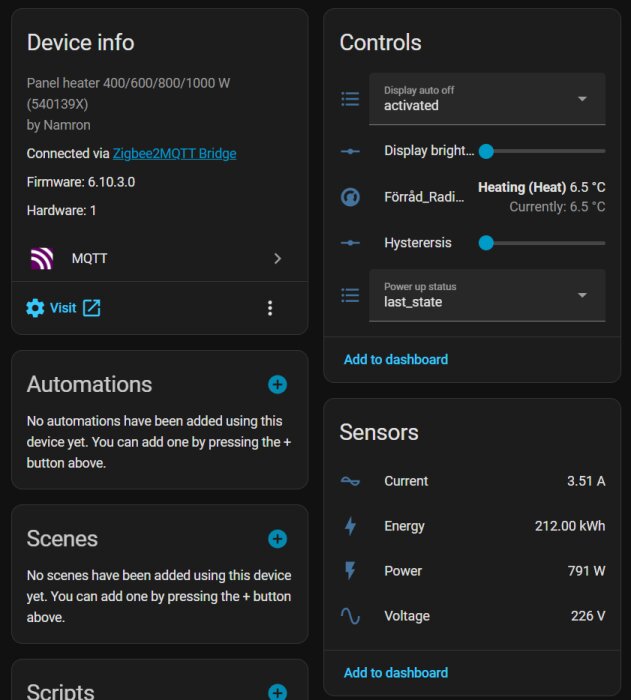 Skärmdump av en kontrollpanel för en panelvärmare ansluten via Zigbee2MQTT, visar enhetsinfo, kontroller, automations, scener och sensoruppgifter.