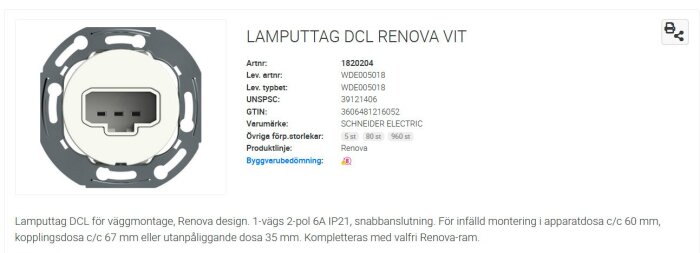 Lamputtag DCL Renova vit för väggmontage, designad för infälld montering i apparat- eller kopplingsdosa, från Schneider Electric.