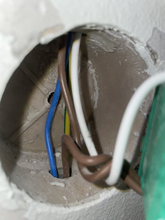 Elektrisk koblingsboks med flere ledninger, inkludert blå, brun, hvit og en gul/grønn jordledning, i en betongvegg.