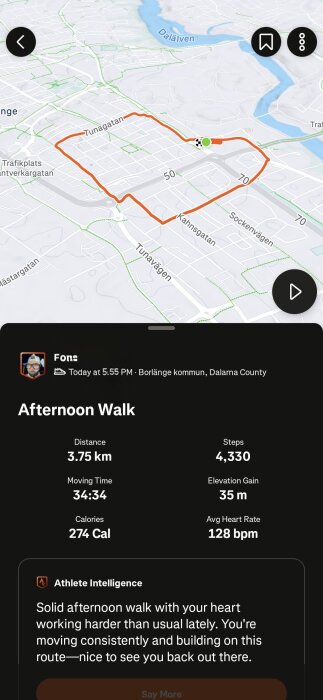 Karta över en promenadrutt i Borlänge, med detaljer om distans, steg, kaloriförbrukning, höjdökning och genomsnittlig puls.