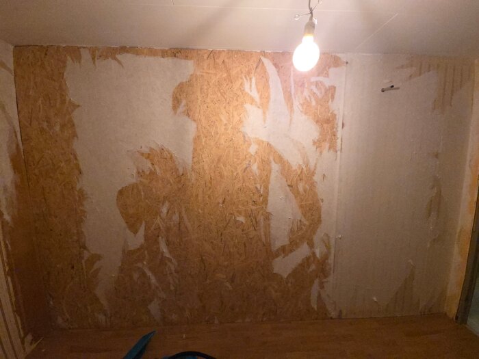 Rumsvägg med borttagen tapet delvis exponerande OSB- och masonitskivor, en glödlampa hänger från taket.