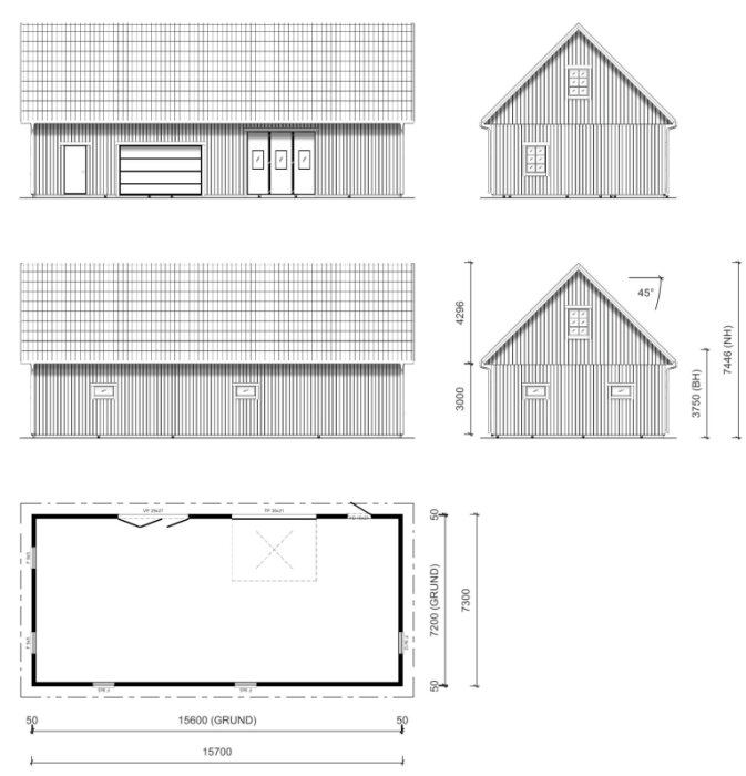 Skiss över nytt garage med gammaldags stil, mått 7.2x15.6M, med plats för bilar, tvättstuga och arbetsbänk. Plan-, front- och sidovy visas.