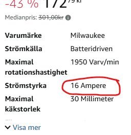 Milwaukee verktygsprodukt specifikation; 16 Ampere strömstyrka, batteridriven, 1950 varv per minut, 30 mm käkstorl.