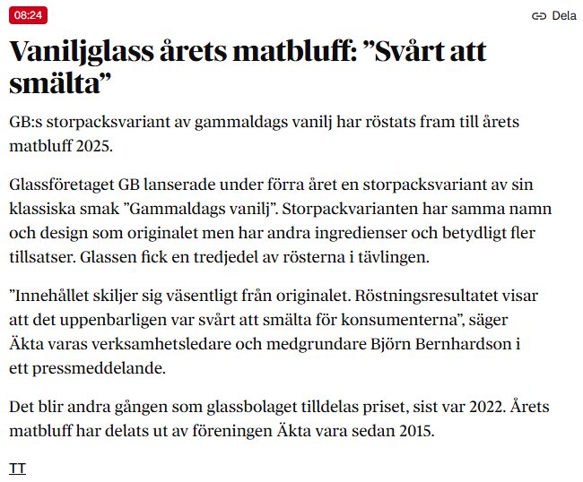 Artikelrubrik om vaniljglass utsedd till årets matbluff för att den är svår att smälta, med citat från pressmeddelande.