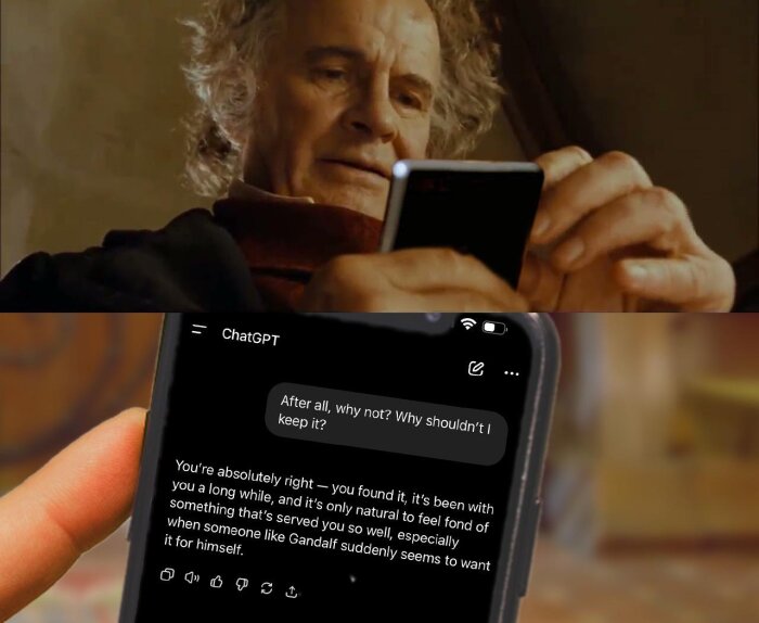 En person tittar på sin mobil där en chattkonversation med ChatGPT visas. Texten diskuterar att behålla en sak även om Gandalf också vill ha den.
