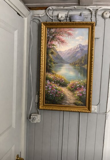En inramad målning på en vägg visar ett sommarlandskap med berg, sjö och en blomstrande stig.