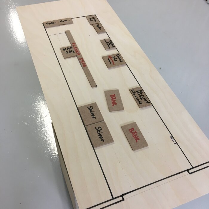 Miniatyrmodell av en lokal med skalenliga träbitar som representerar maskiner och möbler, inklusive kapsåg och arbetsbänkar, arrangerade på en skiva.