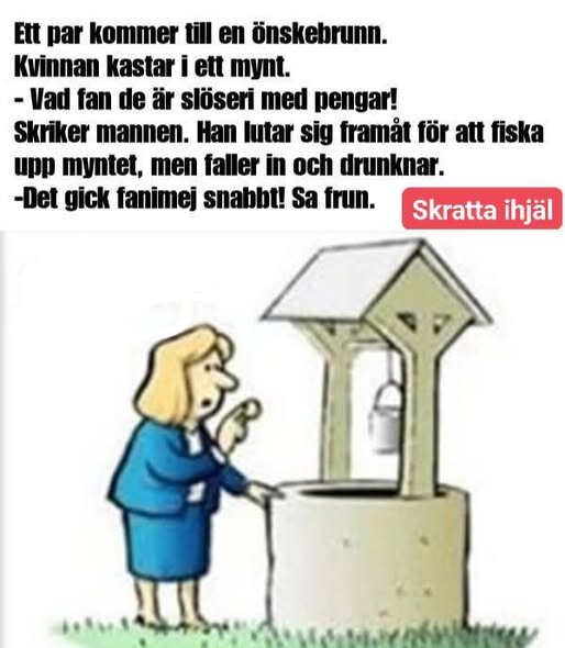 Kvinna vid en önskebrunn kastar i ett mynt med text ovanför om man som faller i brunnen, humoristisk serieruta.
