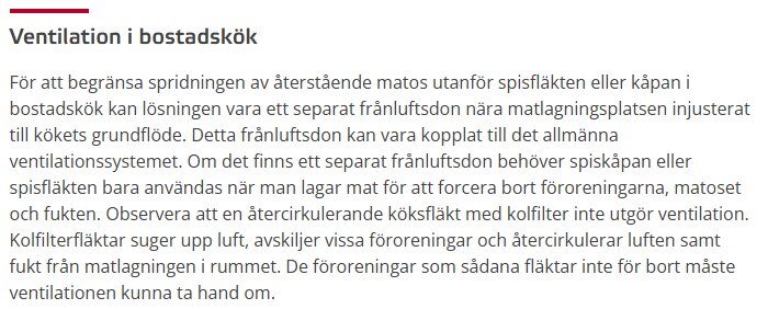 Ventilationstext i bostadskök om att begränsa matos, frånluftsdon och köksfläktar.