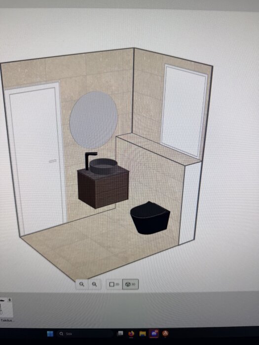 3D-skiss av badrum med dubbla väggar, inkluderar en toalett och en kommod med rund spegel.