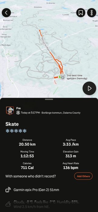 Träningsdiagram för skridskoåkning i Borlänge kommun med distans 20.50 km, genomsnittstakt 3:33/km, höjdstigning 313 m och 711 kalorier förbrända.