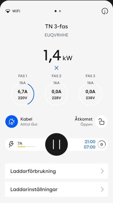 Skärmdump av en app som visar laddstatus för en elbilsladdare. Fas 1: 6,7A, 220V; Fas 2: 0A, 228V; Fas 3: 0A, 238V. Total effekt: 1,4 kW.