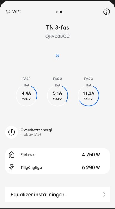 Appskärm för laddboxinställningar visar TN 3-fas med strömbelastning för Fas 1, 2 och 3, samt överskottsenergi inaktiv och total förbrukning.