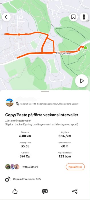 Karta och statistik för ett löppass i Söderköping med 6,80 km distans, 5:14 min/km tempo och 60 m stigning, registrerat med Garmin Forerunner 965.