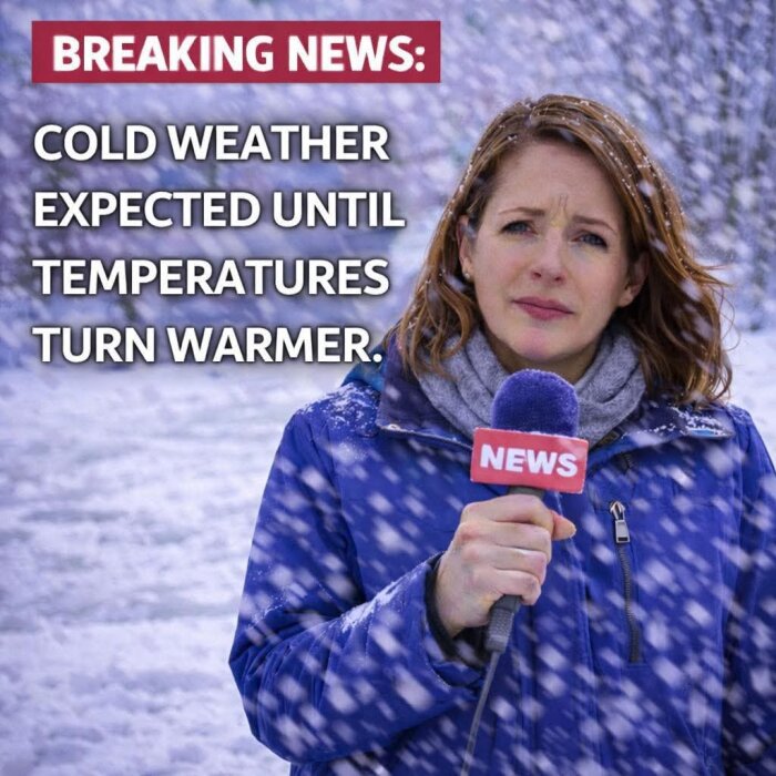 Reporter i snöväder rapporterar om kallt väder med en mikrofon. Text på bilden: "Cold weather expected until temperatures turn warmer.