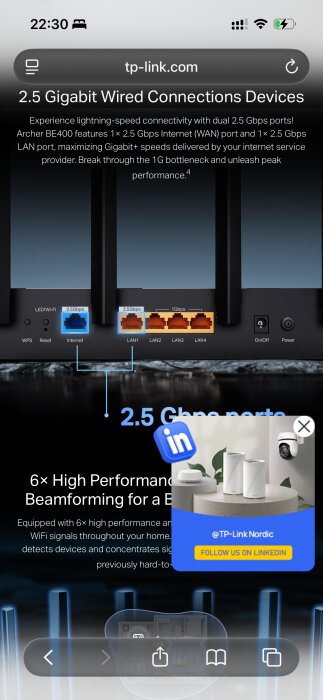 TP-Link BE400 router med 2,5 Gbps internet- och LAN-portar, WPS-knapp, strömbrytare och reset-knapp, främjar snabb internetanslutning.