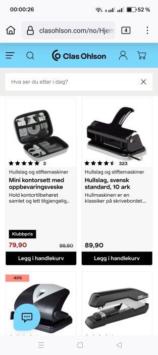 Hålslag och häftapparater från en norsk Clas Ohlson-sida, inklusive svensk standard och ett mini-kontorsset.