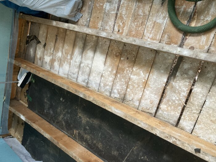 Undersida av trossbotten med vindpapp där vitt pulver syns på träbjälkarna, innan dammsugning under golvrenovering i sommarstugan.