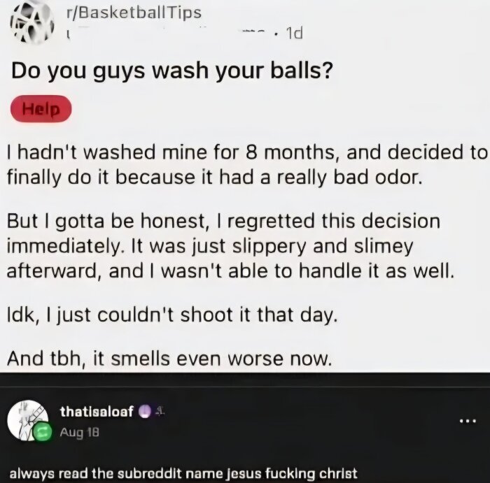 En humoristisk text om att tvätta bollarna, som refererar till en underliggande subreddit med tips om basket.