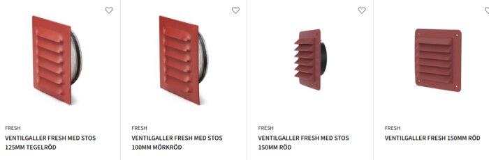 Ventilgaller i olika nyanser av rött, inklusive tegelröd och mörkröd, visas i produktbilder med specifik storlek och färg.