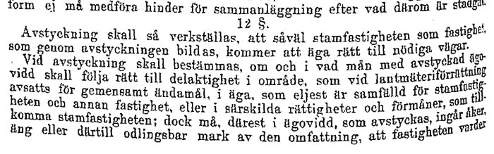 Text från jorddelningslagen 19 kapitel 12 § gällande delaktighet i områden vid avstyckning och officialservitut, publicerad 1926.