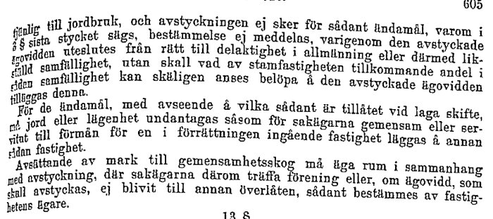 Bild av gammaldags juridisk text relaterad till jordbruk och markavstyckning, med betoning på gemensamhetsaspekter och fastighetsägande.