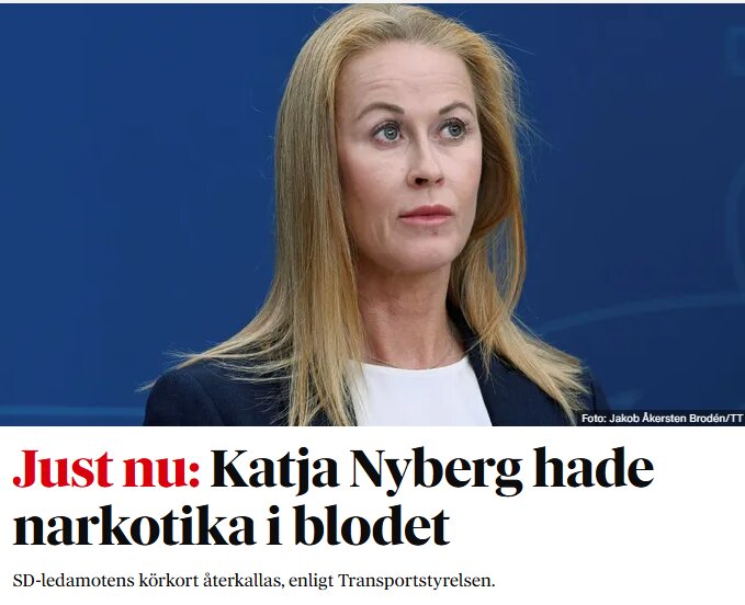 Tidningsartikel om en person med narkotika i blodet, med rubrik och foto på en kvinna.