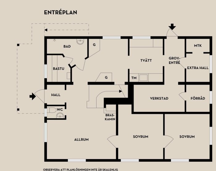 Planritning över ett hus från 1945, visar entréplan med rum och väglar, inklusive badrum, hall, allrum och sovrum. Skalenligheten är inte exakt.