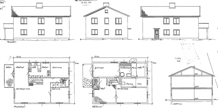 Arkitektritning av ett hus från 1945 med planlösningar och fasader, visar olika rum som kök, sovrum och garage.