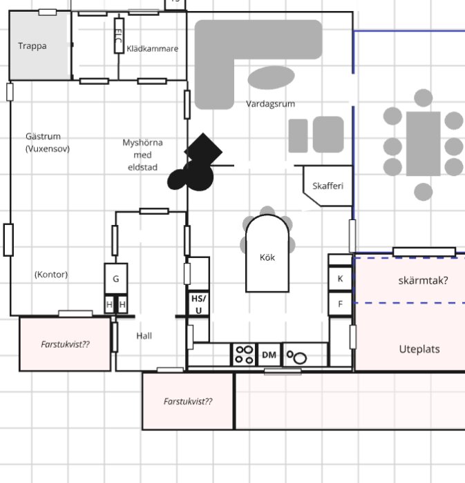 Planritning av hus som visar kök, vardagsrum, gästrum, kontor, hall, mysig hörna med eldstad, uteplats och trappuppgång.