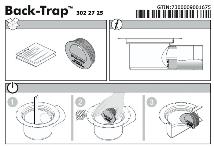 Monteringsanvisning för Back-Trap 302 27 25. Illustrerar stegvis installation av en Back-Trap i avloppsrör.