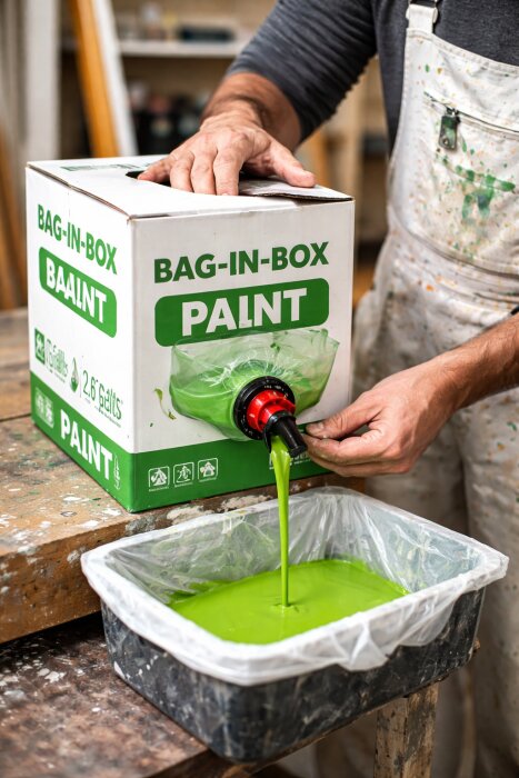 Bag-in-box-konstruktion för färg som hälls ut i en tråg, med grön färg strömmande från en tappkran.