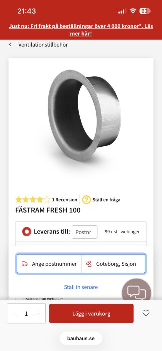 Metallisk fästram för ventilationssystem, modell "Fästram Fresh 100", visas på en varukorgssida hos Bauhaus, med recensionsomdöme och leveransalternativ.