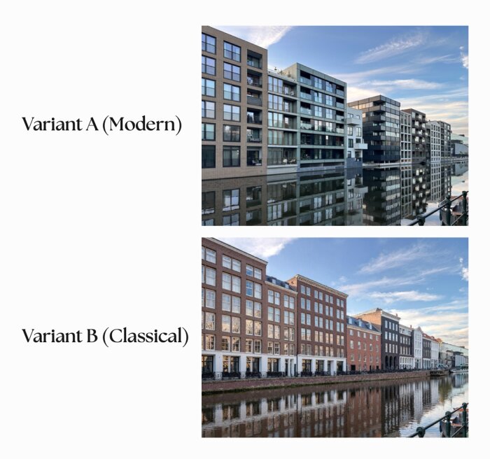 Bild med två arkitekturstilar: ovan modern byggnad i lådform längs vatten, nedan klassisk byggnad med detaljerad fasad vid samma vatten.