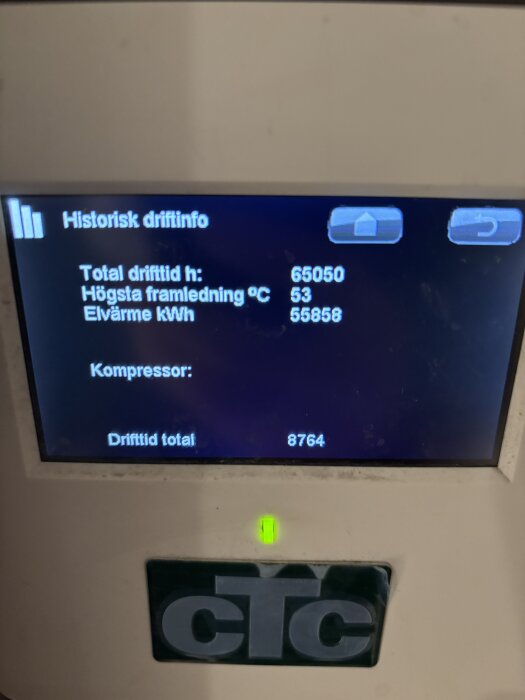 Display med historisk driftinfo för CTC värmepump visar total drifttid, högsta framledningstemperatur, och elförbrukning i kWh.
