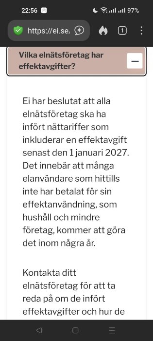 Skärmbild av en text om effektavgifter som elnätsföretag måste införa senast 2027. Texten förklarar vad detta innebär för elanvändare.