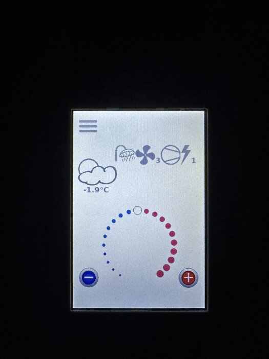 Display på Thermia Ventec visar utomhustemperatur -1,9°C, fläktläge 3, symboler för väder och värmealternativ.