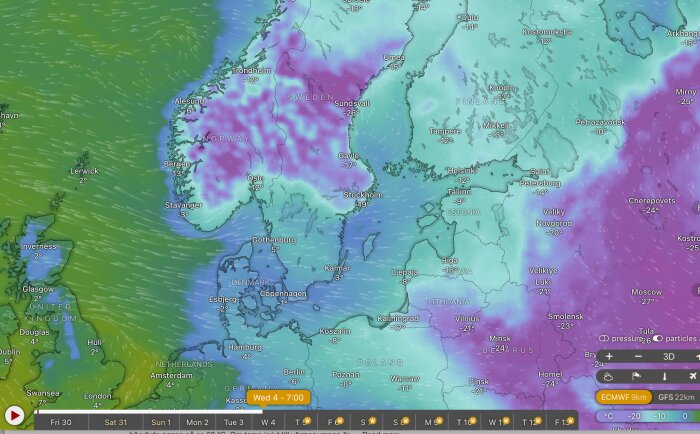 Karta över Europa som visar temperaturer enligt ECMWF-modellen, med kalla temperaturer i Skandinavien och centrala Europa, samt Stockholm vid -19 grader.