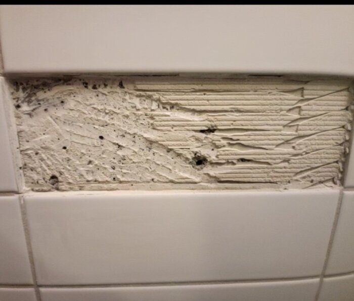 Trasig kakelplatta på vägg med saknat fixmaterial bakom, visande exponerad cementyta med sprickor och ojämn struktur.