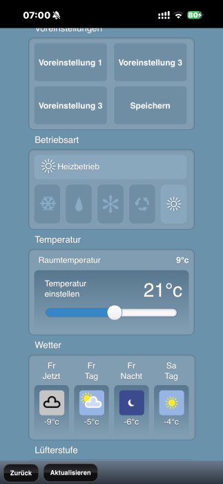 Skärmavbild av systemkontrollpanel för temperaturinställningar och väderprognos, aktuell rumstemperatur visar 9°C.