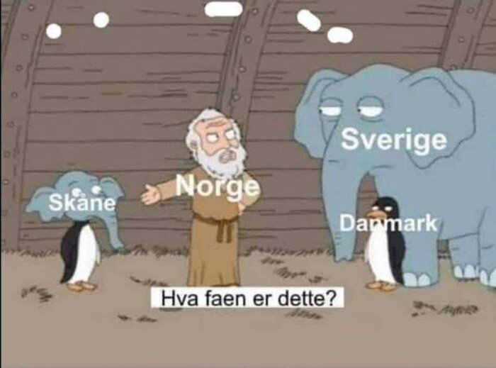 Norsk man står mellan en elefant märkt "Sverige" och en pingvin märkt "Danmark", bredvid en elefant märkt "Skåne". Texten lyder "Hva faen er dette?