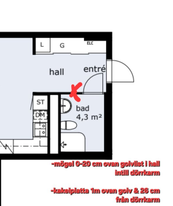 Planskiss med hall och badrum, markerad med ett rött "X" där mögel påträffats vid dörrkarm, samt notering om kakelplatta.