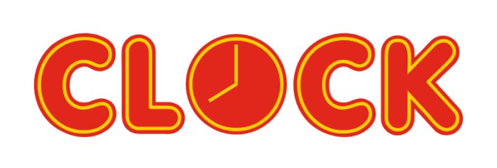 Texten "CLOCK" i röda bokstäver med en stiliserad klocka som bokstaven "O".