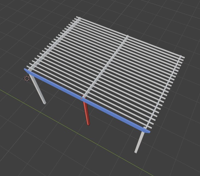 3D-modell av pergolakonstruktion med två vita och en röd stödstruktur, täckt av horisontella spjälor, visas på grå bakgrund.